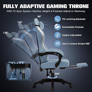 GTPLAYER Fabric Gaming Chair with Footrest, Ergonomic Computer Desk Chair with Pocket Spring Cushion Home Office High Back Support Lumbar Support Heavy Duty Wide