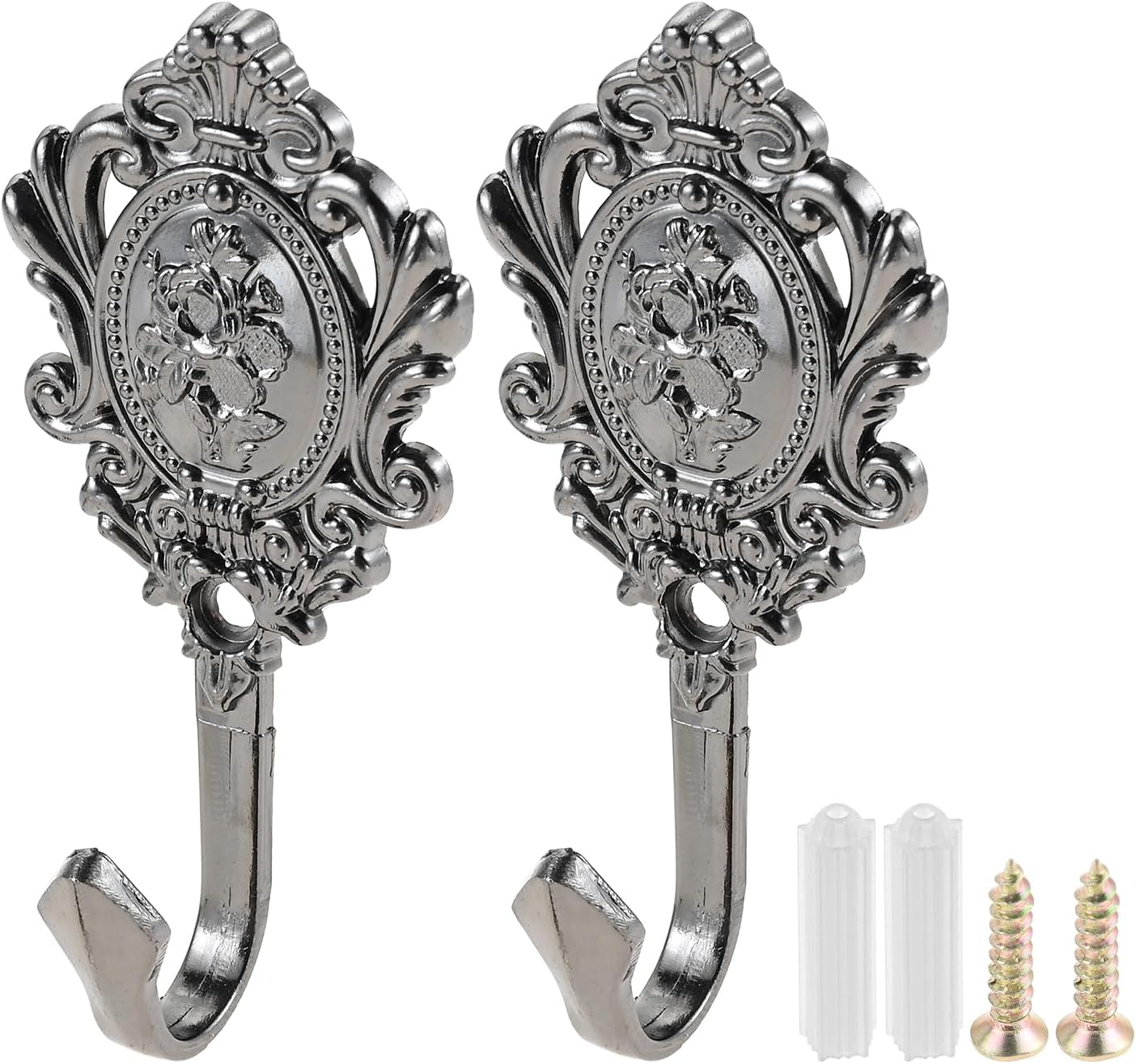 2Pcs Wall Hooks Black Pattern Carved Vintage Drapery Clothes Key Hook Bathroom Bedroom Multi-Function Decorative Hook with Screws