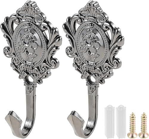 2 Piezas Ganchos de Pared Patrón Negro Tallado Vintage Cortinas Ropa Gancho para Llaves Baño Dormitorio Gancho Decorativo Multifunción con Tornillos