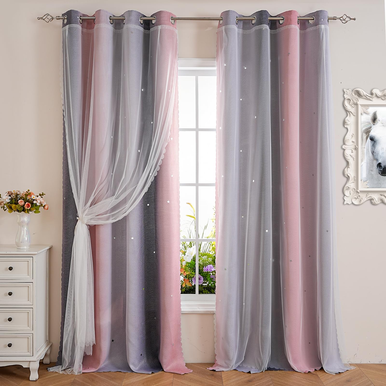 星柄カーテン  ピンク＋グレー グラデーション Amazon｜姫系 遮光カーテン 可愛い 星 カーテン 遮光 遮像