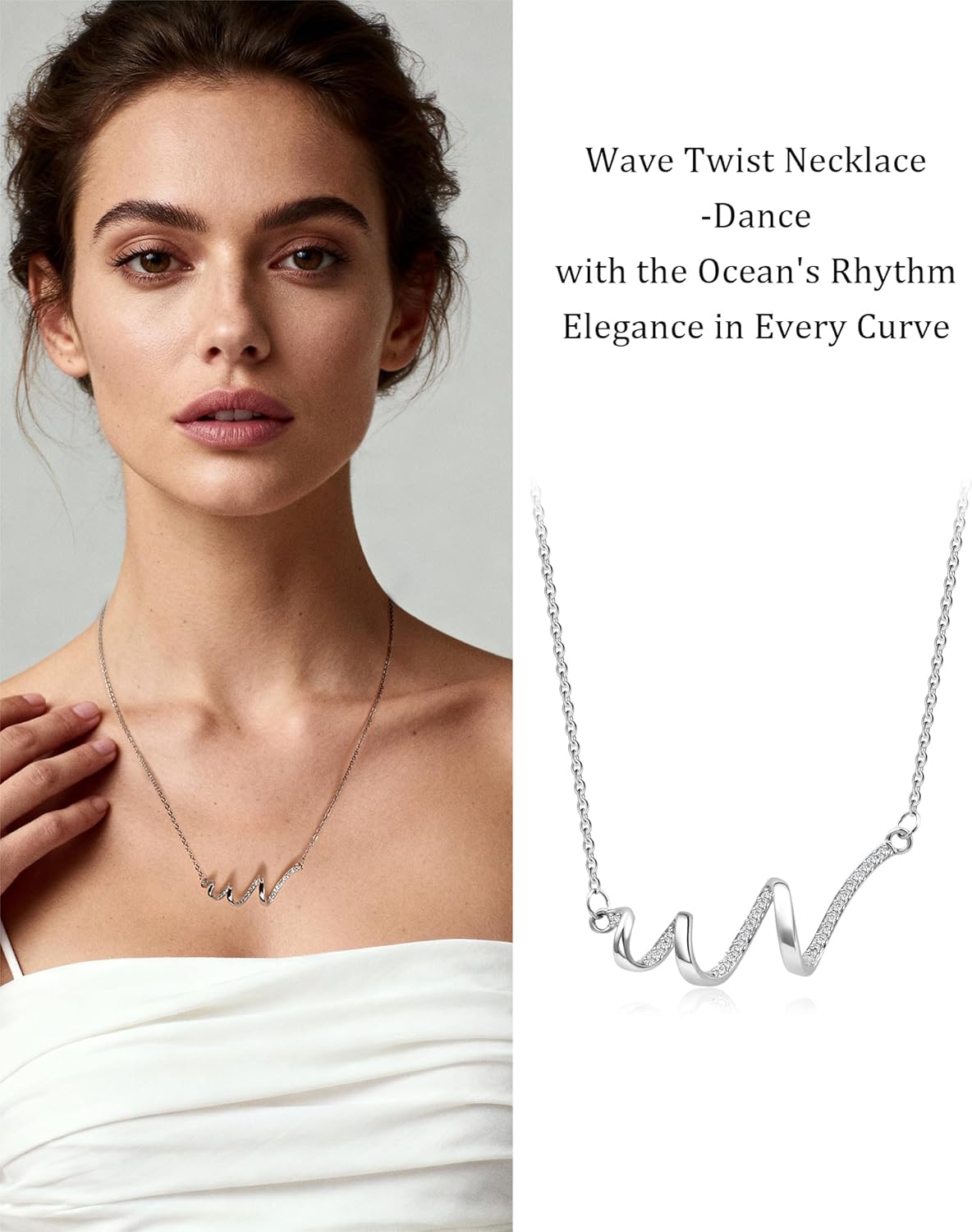 Silver Wave Chain Pendant Cubic Zirconia Simple Minimalist Adjustable CZ Thin Necklace for Women - Image 6