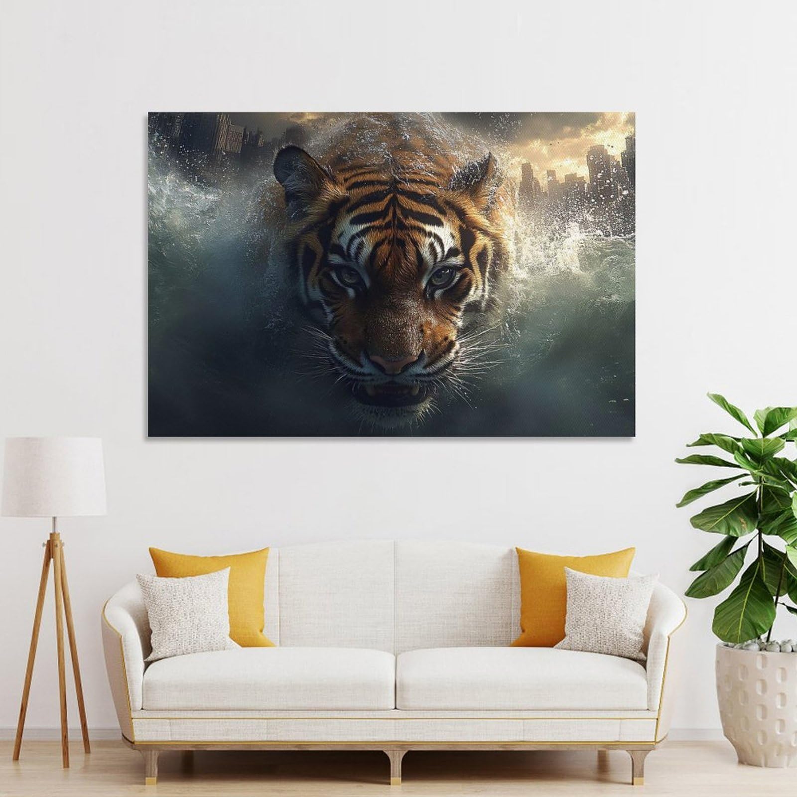Junmoney Tiger Swimming in Flooded Cityscape Hanging Wall Art, 20x30inch(50x75cm), for Entryway, Lounge Links Or Small Walls, Home Artwork for First Impressions