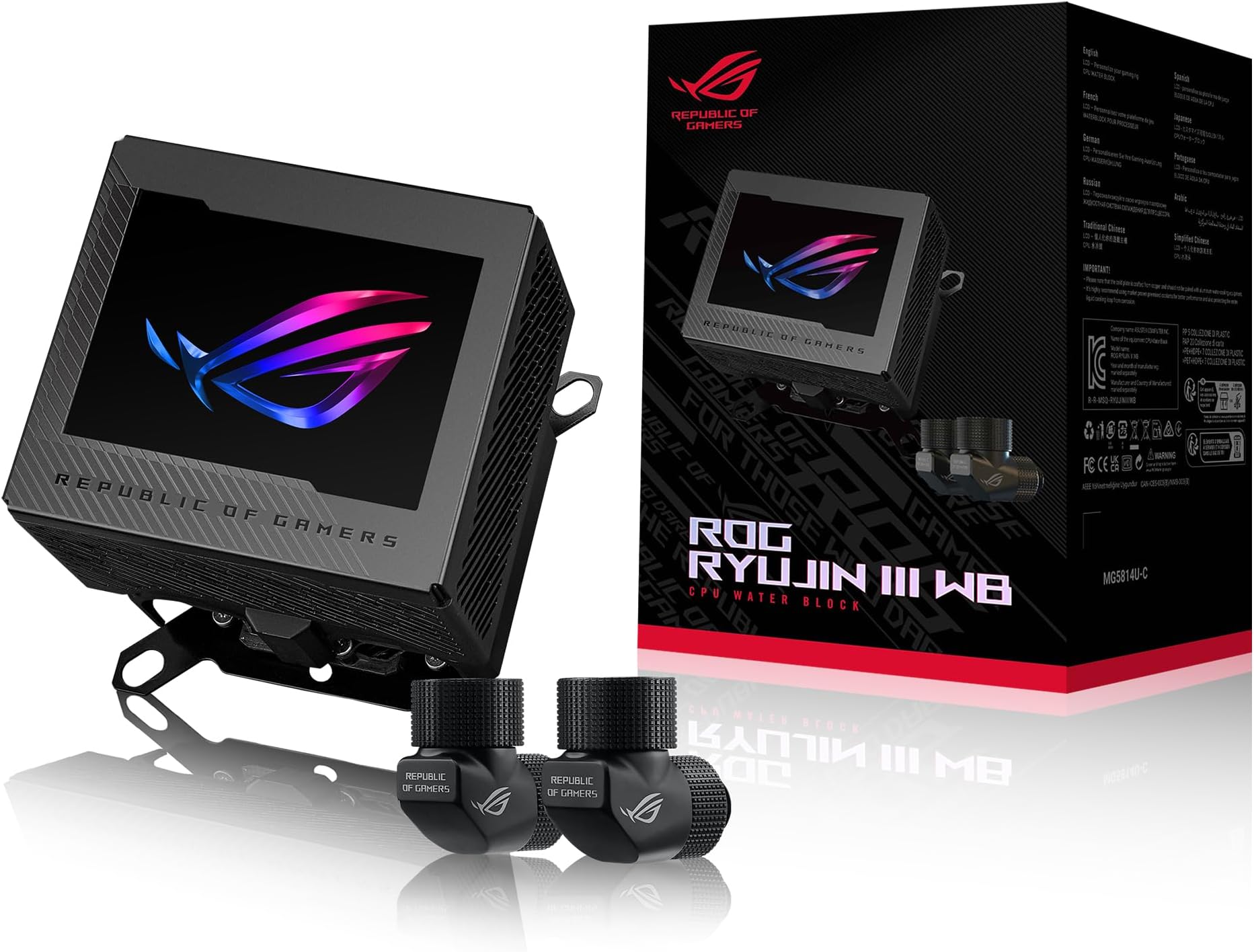 ROG RYUJIN III WB CPU Water Block Intel LGA 1700, 1200, 115X, AMD Socket AM4, AM5 Asetek Copper Cold Plate Black, 178 Micro-Cooling, 3.5" Color LCD Display, Integrated VRM Fan, ROG Fittings