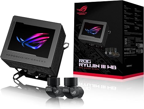 ASUS ROG RYUJIN III WB CPU Water Block-Intel LGA 1700, 1200, 115X, AMD Socket AM4, AM5 Asetek Copper Cold Plate Black, 178 Micro-Cooling, 3.5" Full Color LCD Display, Embedded VRM Fan,