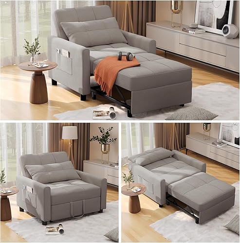 Miniatura 3 de Noelse Sofá cama convertible 2 en 1 multifuncional, respaldo reclinable ajustable con tela de lino moderna para sala de estar, dormitorio, Gris