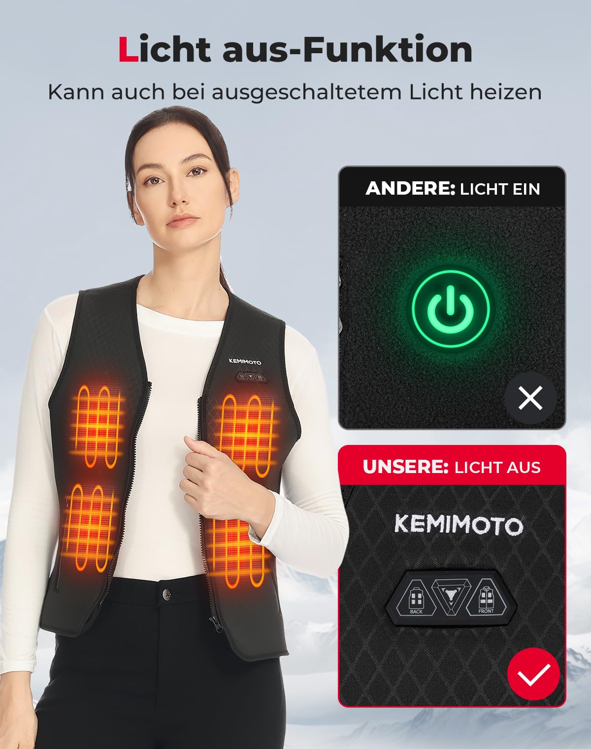 KEMIMOTO Ogrzewana kamizelka dla kobiet, ogrzewana kamizelka z 8 strefami grzewczymi, 3 regulowane poziomy ogrzewania, elektryczna kamizelka heziowa na zimę z USB, do motocykla, na zewnątrz, na