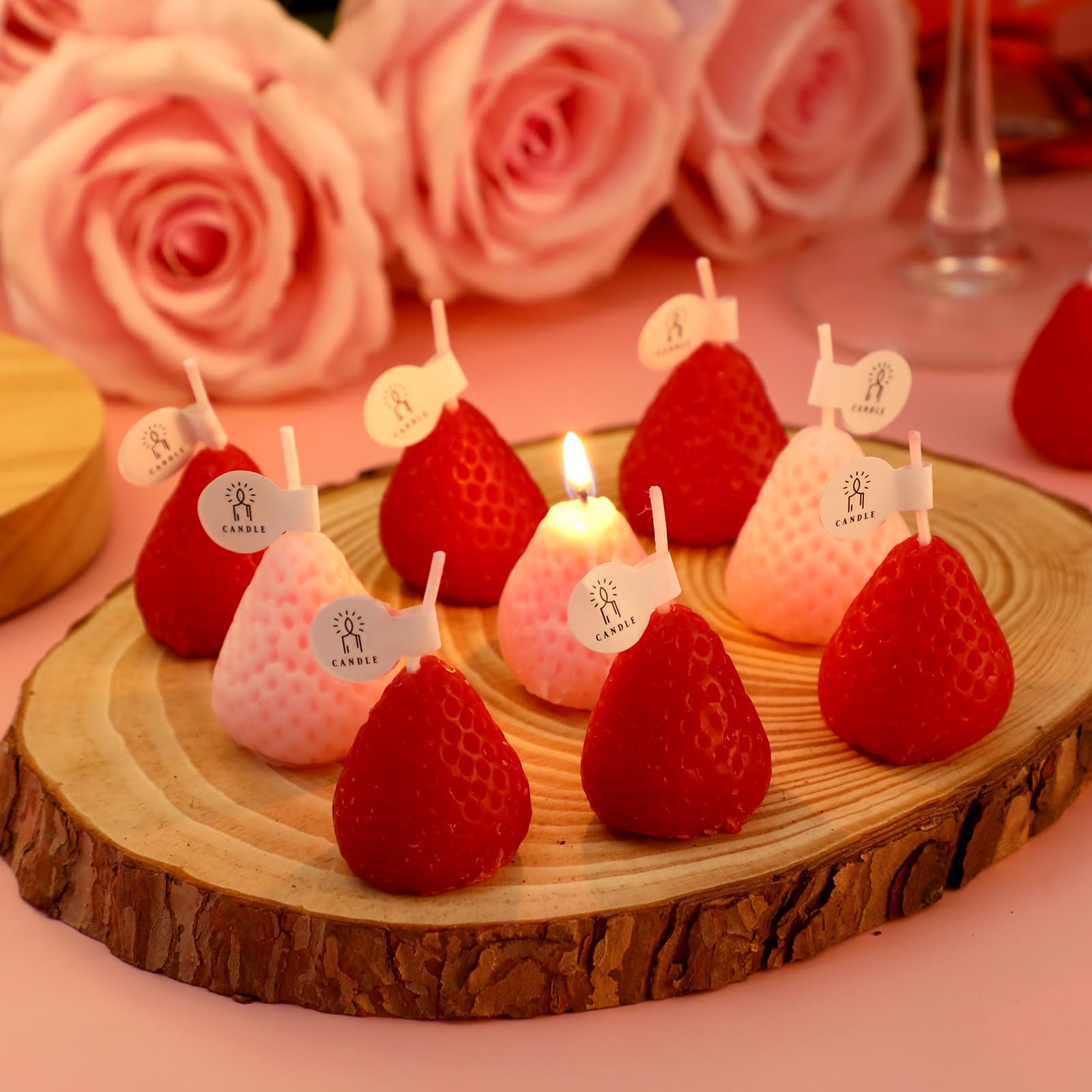 MTLEE 12 Pcs Strawberry Candle Gift for Women Strawberry Scented Decorative Candle Cute Soy Wax Birthday Cake Decoration for Party Home Bath Yoga Spa Aesthetic Table Photo(Red, Pink,1.2 x 1.6 Inches)