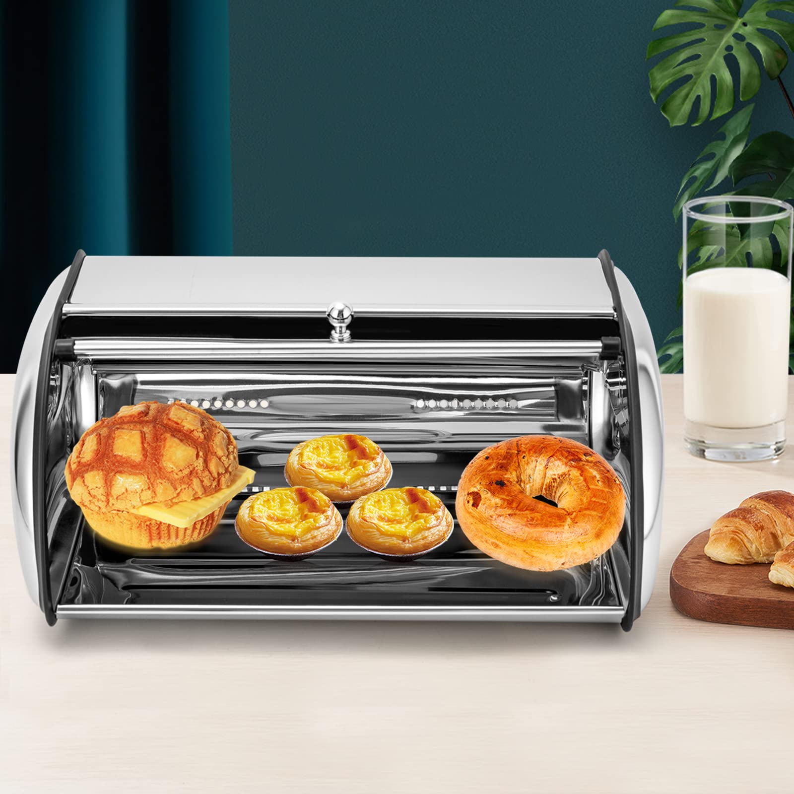Panera de acero inoxidable de 5 litros – Contenedor de almacenamiento con tapa enrollable y ventana transparente Roll-up Art Panera Organizador con tapa enrollable y orificios de ventilación