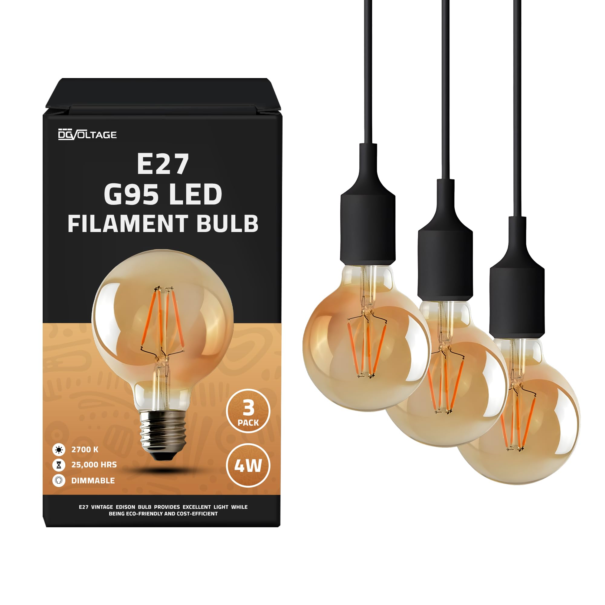 DC VOLTAGE LED E27 Bulb, G95 4W Screw Globe Dimmable LED Filament 2700K Warm White Amber Glass, Old Fashioned Decorative Bulb, Energy Saving Class A+ - 3 Pack