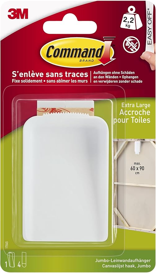 Command Leinwandaufhänger XL, Jumbo – 1 Bildernagel und 4 große Strips (L), weiß – Beschädigungsfreies Aufhängen, Hält bis zu 2,2 kg