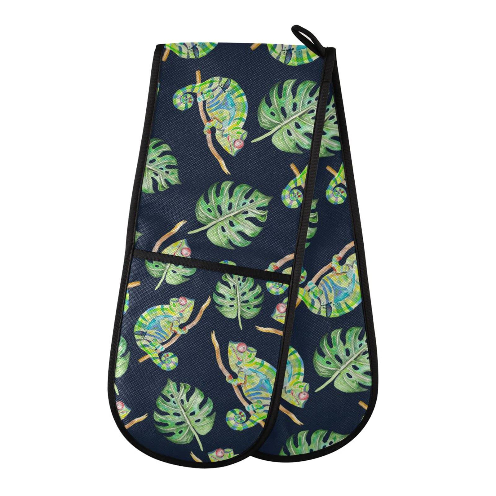 Double Oven Glove Tropical Palm Leaves Chameleon Lizard Heat Resistant Double Ovens Mitt Modern Cooking Gloves Potholders