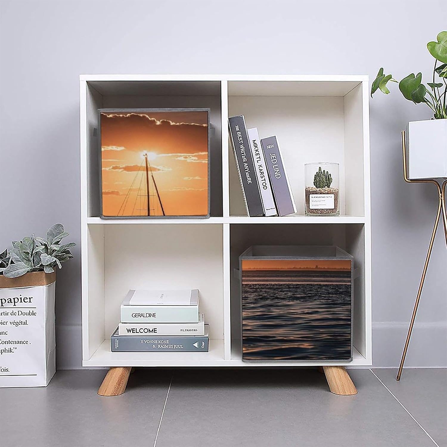 Multi Use Organizer Bins, Sunset Seascape Sailboat Floating Printed Storage Bins, Foldable Storage Baskets Are Suitable For Bedrooms, Offices, And Cars