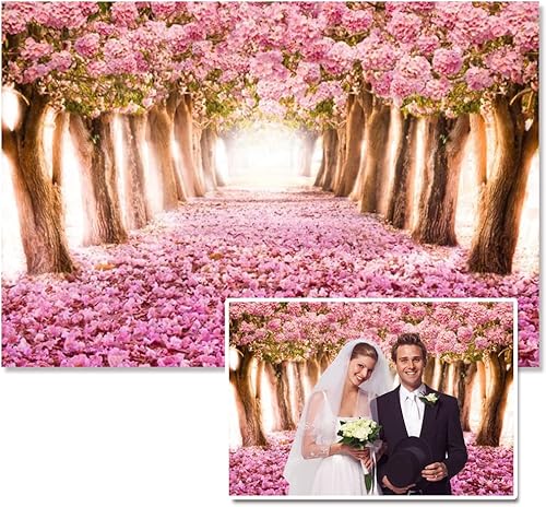 AOFOTO Fondo de vinilo de flores de cerezo de primavera de 7 x 5 pies, diseño de flores rosadas, árbol de pétalos florales, boulevard, fotografía de