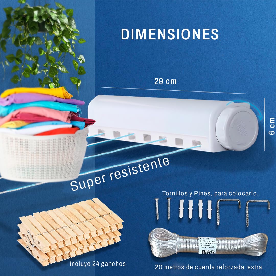 Stendibiancheria estensibile da parete con 4 corde da 3,2 m ciascuna, 24 pinzette e 20 m di corda extra rinforzata in filo di acciaio 3 mm, stendibiancheria retrattile, corda stendibiancheria