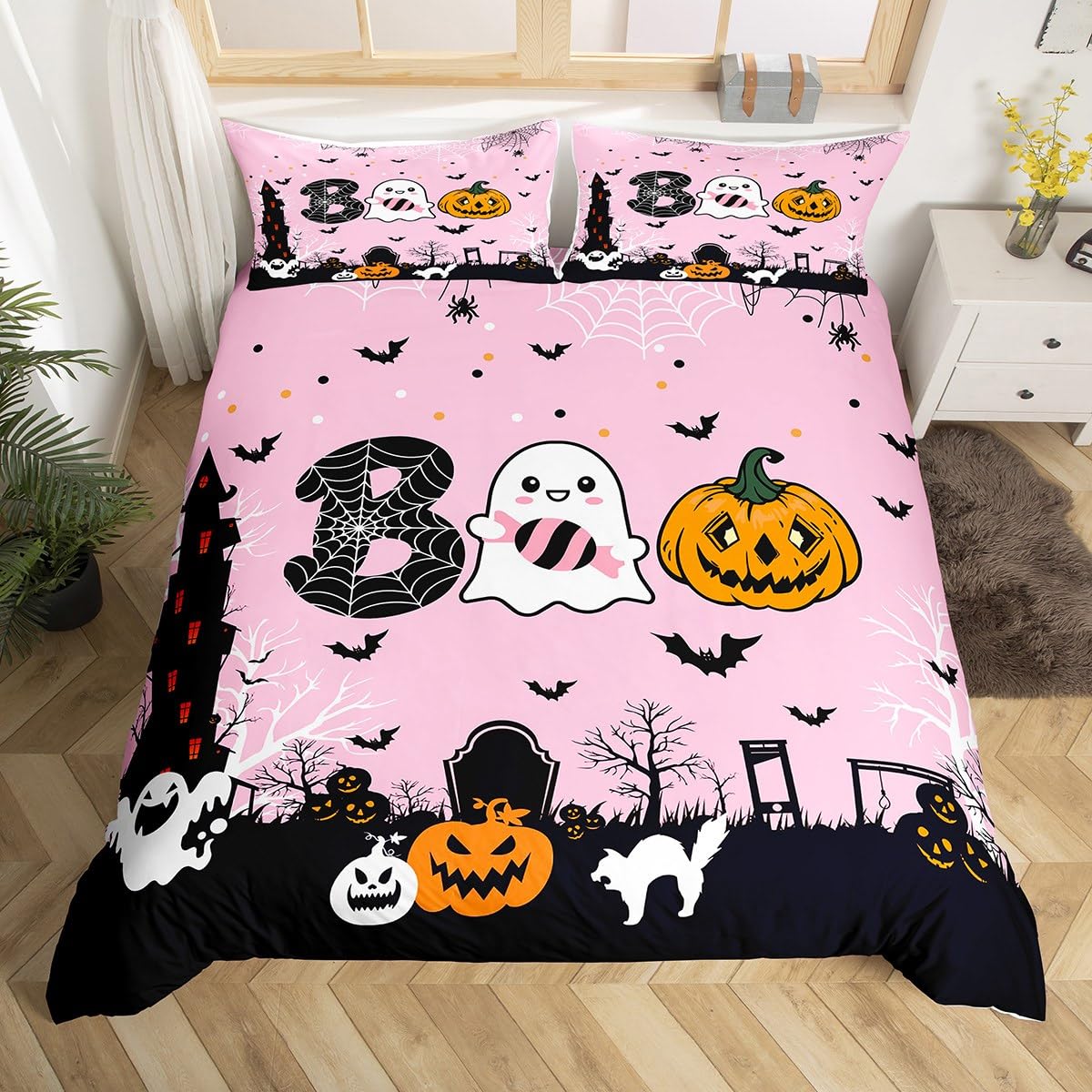 Halloween Duvet Cover Set Super King Size, Cute Pumpkin Ghosts Comforter Cover with 2 Pillowcases, Spider Bats Print Bedding Set 3pcs for Kids Boys Girls Bedroom Decor Lightweight Bedspread Cover — image 1
