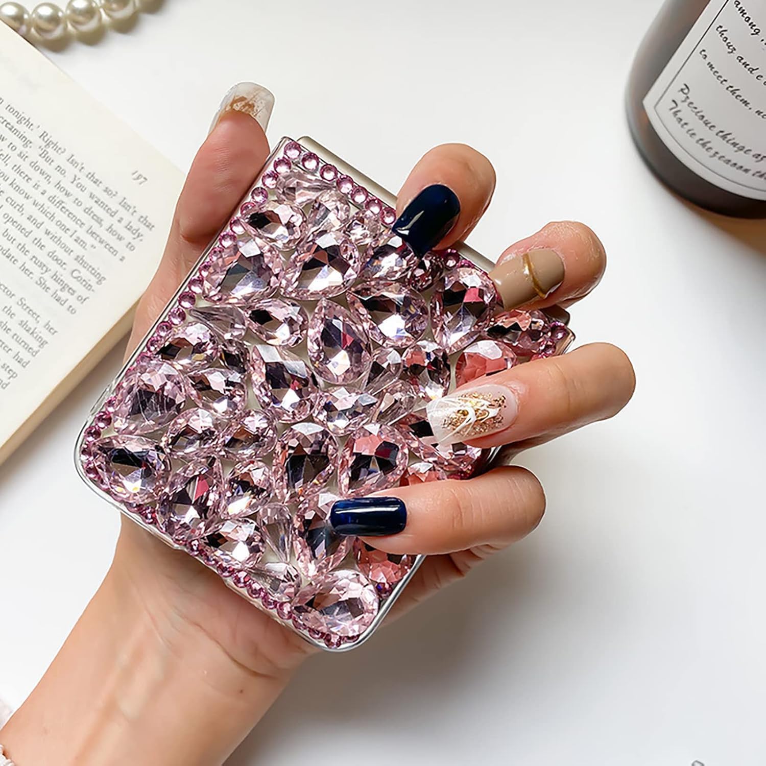 Diamond Case for Moto Razr+/Plus 2024,Cute Pink Sparkly Crystal 3D Handmade Full Body Rhinestone Gemstones Glitter Phone Case for Women Girls
