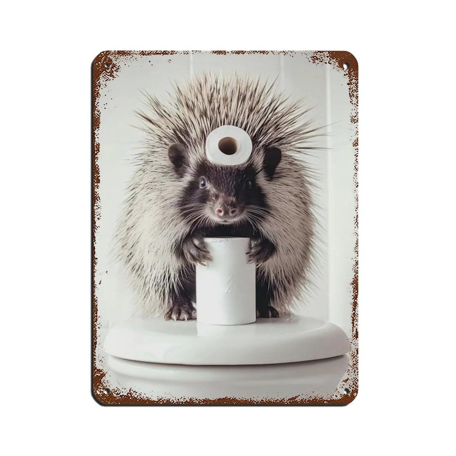 Porcupine with A Toilet Paper Roll on Head Tin Sign Vintage Metal Pub Club Cafe Bar Home Wall Art Decoration Poster Retro 12x16inch(30x40cm)