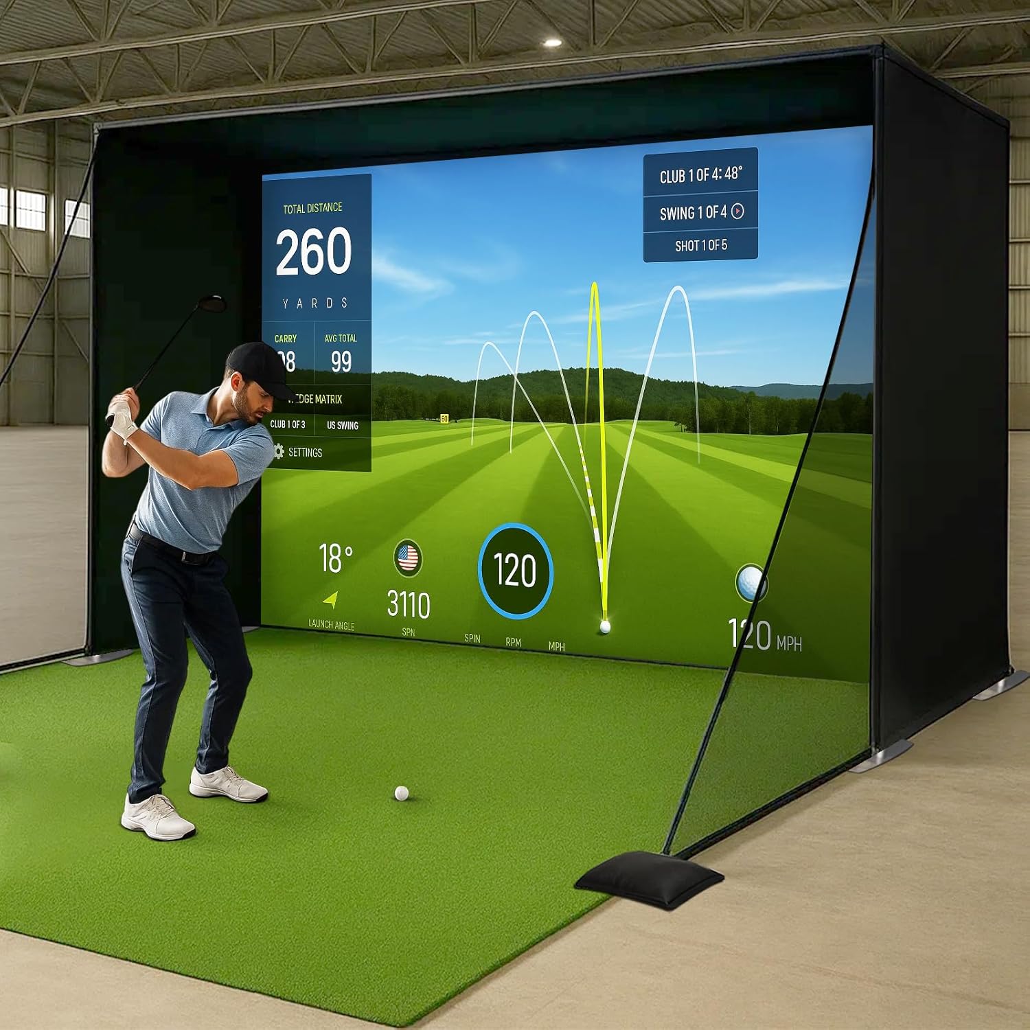 Golf Simulator Enclosure Nets - Choose 10 x 8 ft or 14 x 8.5 ft - Complete Set with Frame and HD Impact Screen Kit