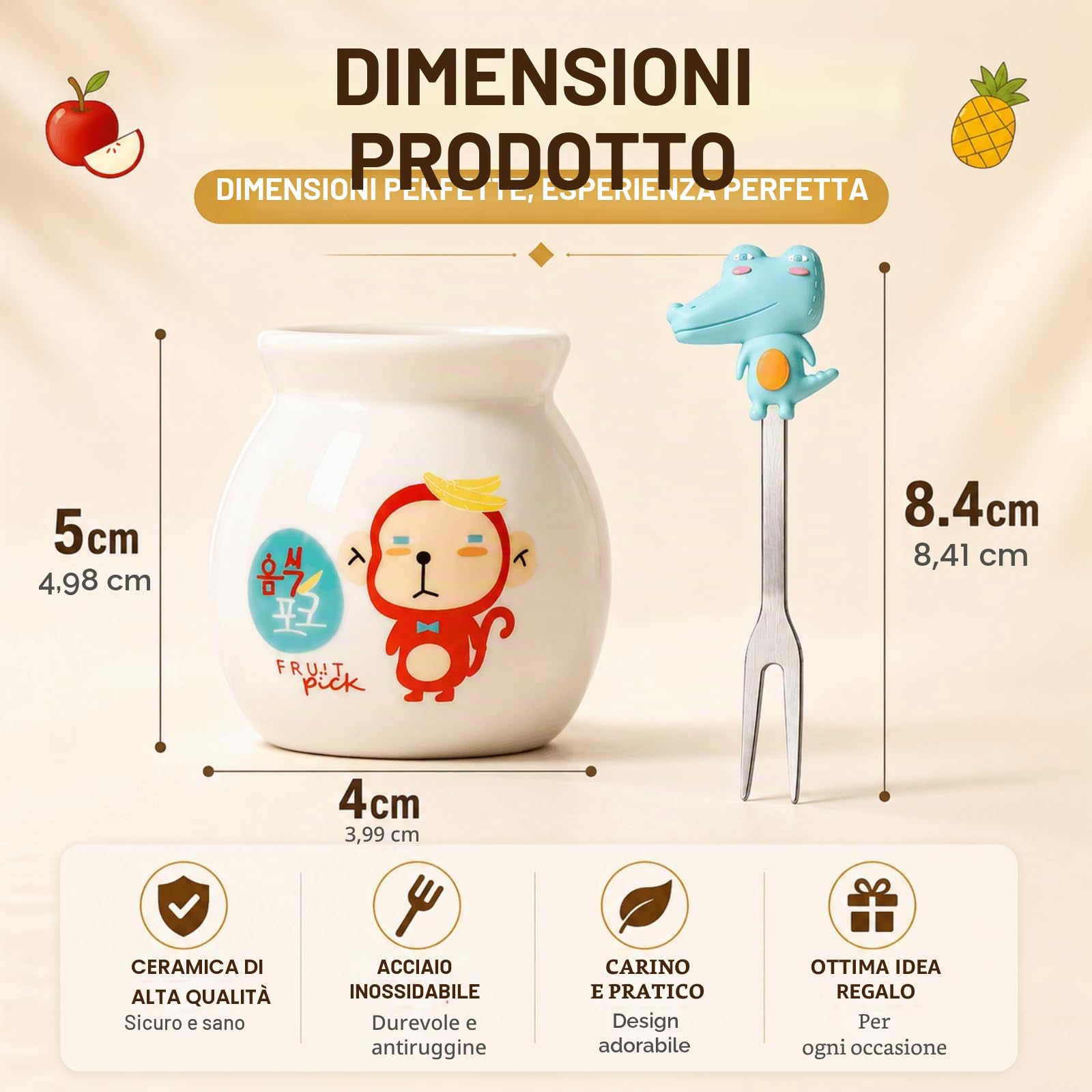 Mini Cartoon Forchette da Frutta in Acciaio Inossidabile, Stuzzicadenti Riutilizzabili con Manici in Silicone e Barattoli di Stoccaggio in Ceramica, Accessori da Tavola per Frutta e Dessert, 20 Pezzi
