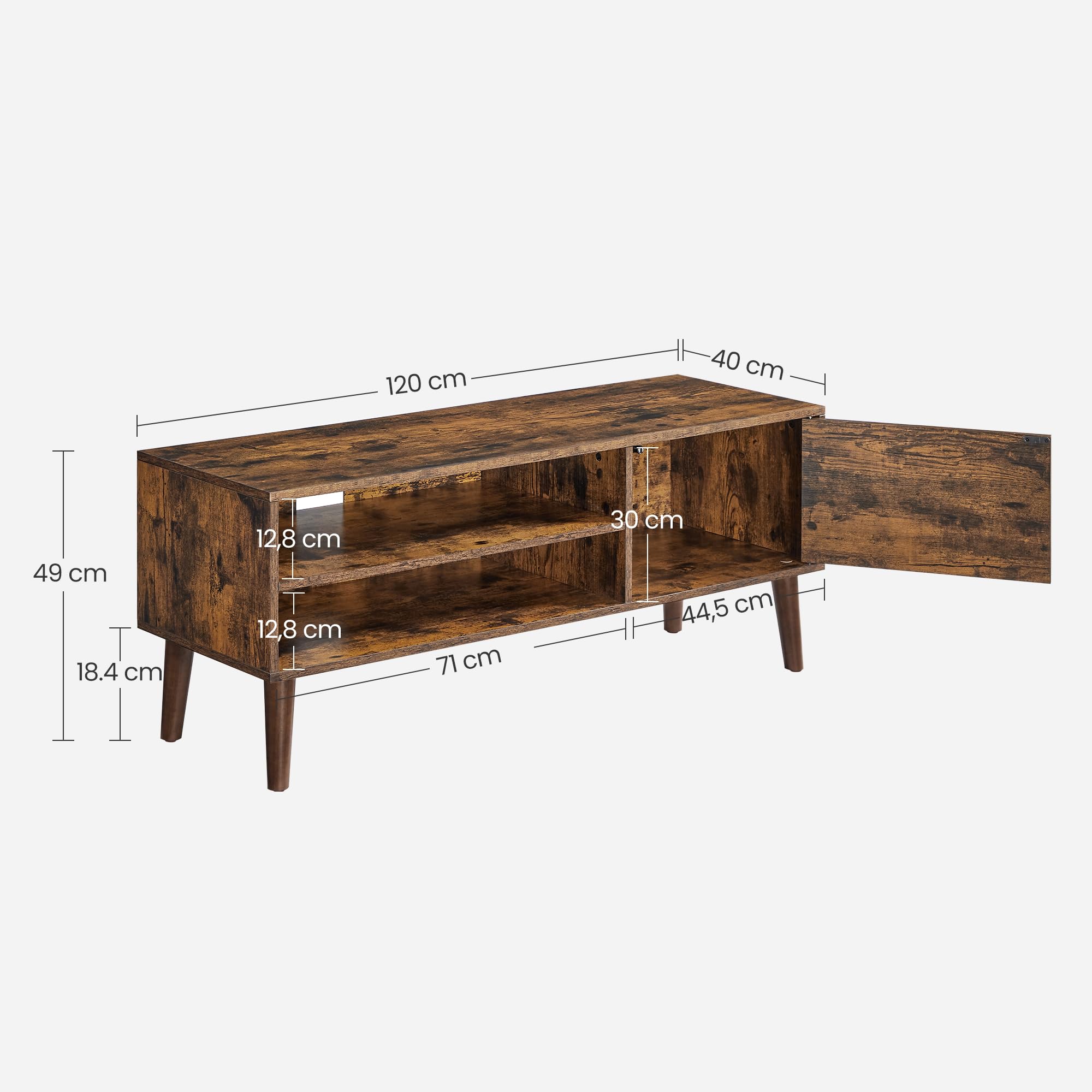 VASAGLE Mueble de TV, Mesa de TV, para televisores de hasta 55 Pulgadas, Largo de 120 cm, Centro de Entretenimiento, de Mediados de Siglo para Salón, Dormitorio, Marrón Rústico LTV120T01
