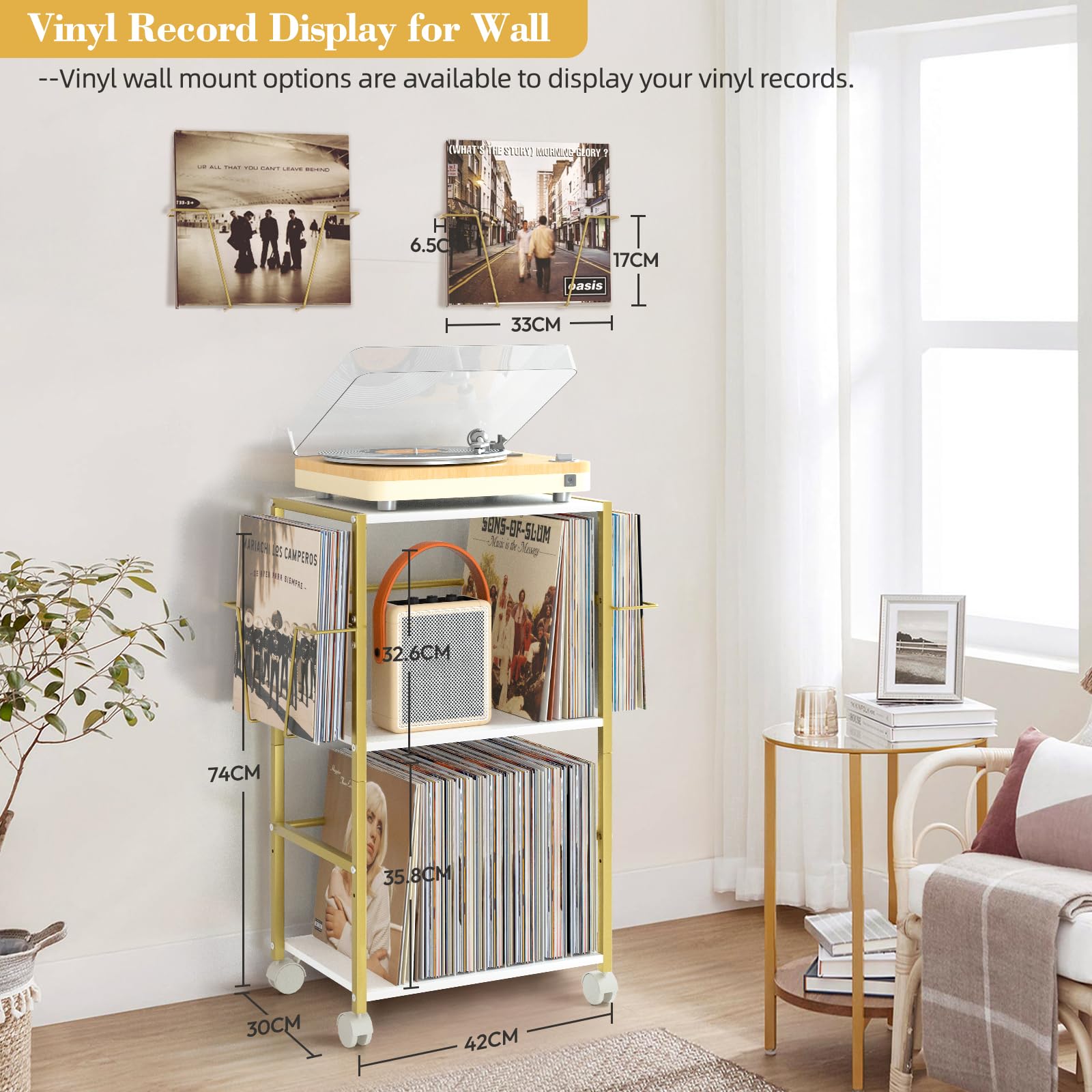 Bikoney Plattenspieler Ständer Rollender Beistelltisch mit Großem Schallplattenständer Vinyl Ständer Wagen für Bis zu 150 Alben Plattenhalter Plattenspieler Tisch mit 2 Vinyl Displays, Gold