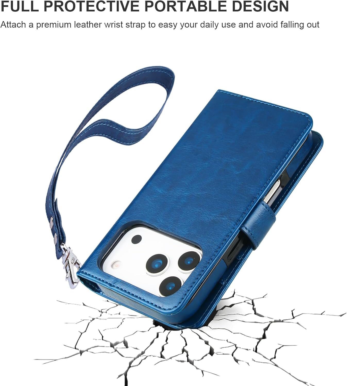 Bocasal for iPhone 17 Pro Wallet Case Compatible with MagSafe Wireless Charging, RFID Blocking Magnetic Leather Case with Card Slots Holder Kickstand Detachable Wrist Strap 6.3 Inch (Blue)