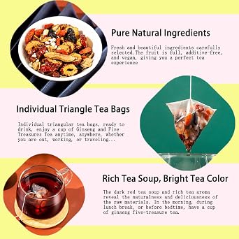 Kidney Support Ginseng Five Treasure Tea Herbal Blend with Red Dates, Gogi, Ginseng & Mulberry Herbal Teas | Caffeine-Free & Individually Packaged (1pcs*15bags)