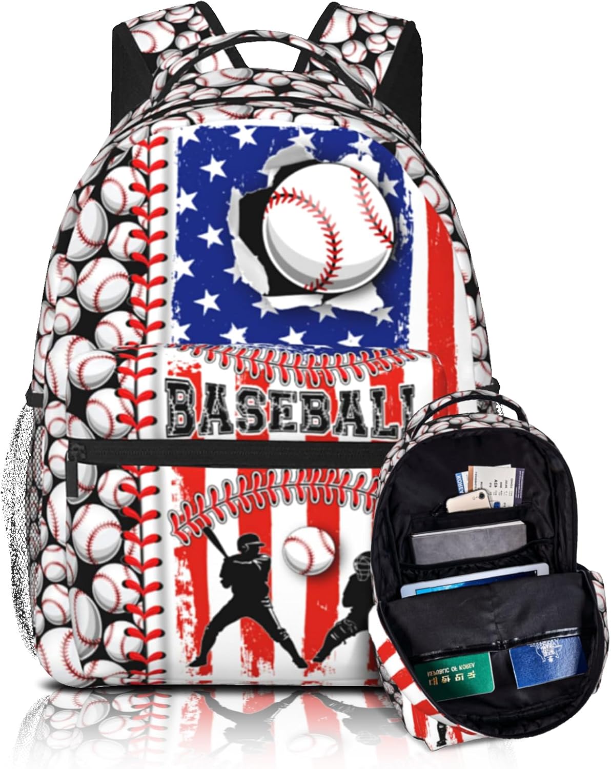 Baseball Backpack for Boys 8-12 Kids American Flag Baseball Print Schoolbag Sports Theme Bookbag for Girls Computer Laptop Backpack for Travel Hiking Camping Gym Gift for Sport Lovers