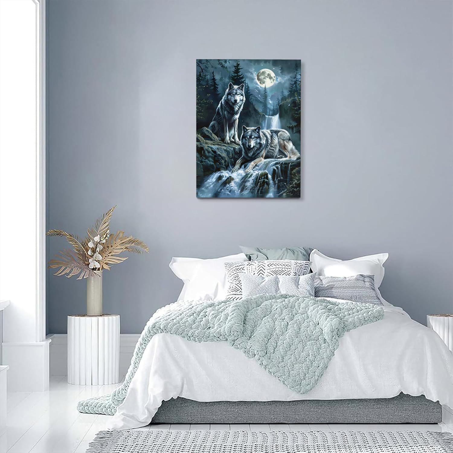 Forest Wolf Decor Wall Art Wolf Bathroom Wall Decor Wolf Poster Wolf and Moon Pictures for Wall Animal Canvas Print Painting Framed Artwork for Bathroom Bedroom Living Room 12"x16"