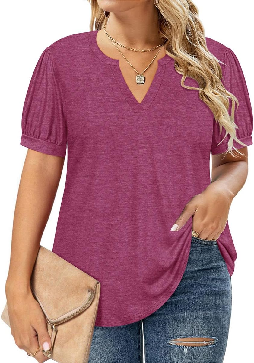 RITERA Tops for Women Plus Size Summmer 3X Short Sleeve V Neck Basic Shirt Business Casual Tunic Ladies Red Solid Color Oversized Basic Henley Tshirt 3XL 22W 24W