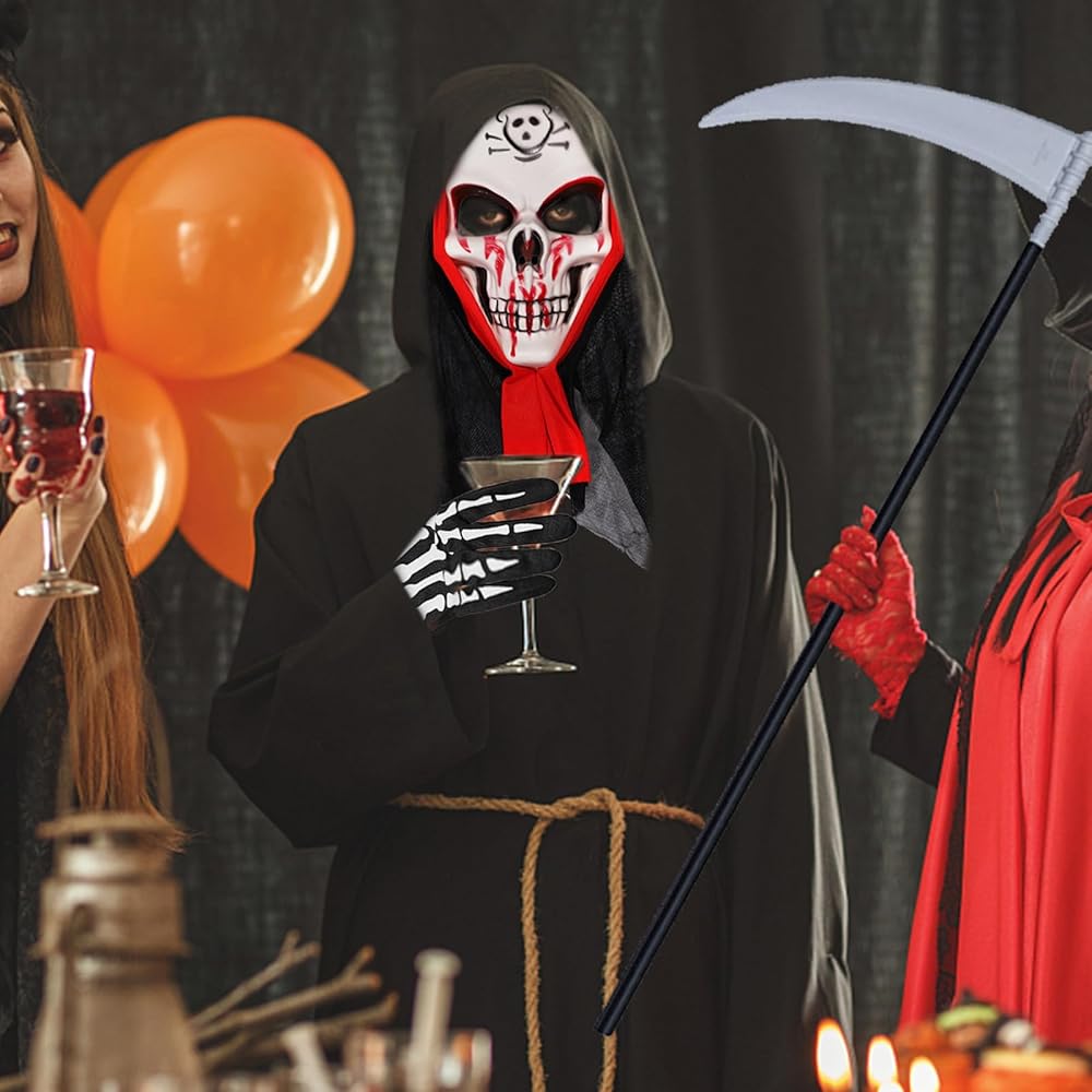 Zkaoai Halloween Set: Schwarzer Umhang Mit Kapuze, Gesichtsmaske, Skelett Handschuhe Und Sense Des Todes - Kostüm Für Maskerade