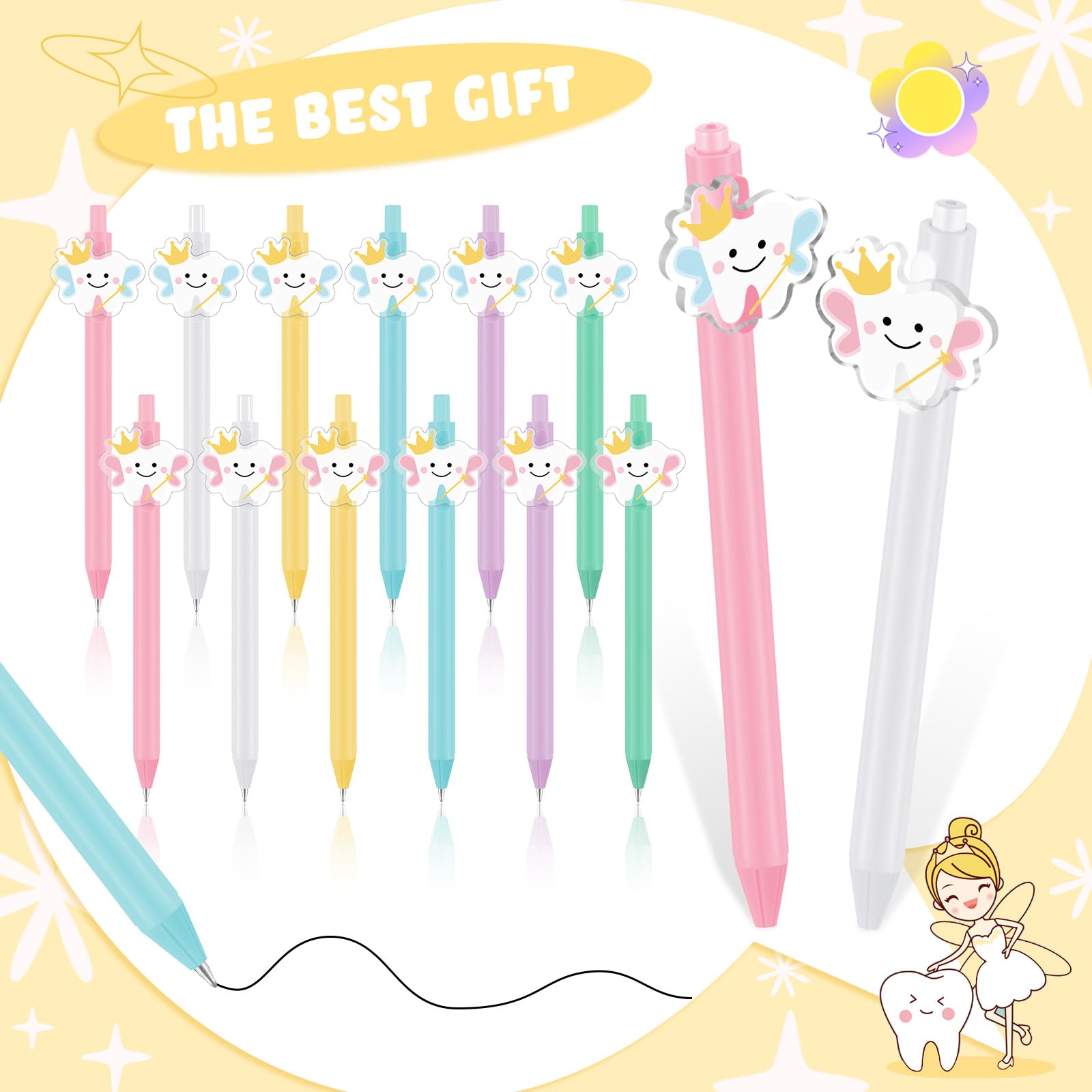 12 Pcs Tooth Fairy Wand Pens, Cute Tooth Fairy Gifts for Lost Teeth Rewards, Fun Writing Pens for Prizes, Dental Hygiene Rewards & Birthday Party Favors