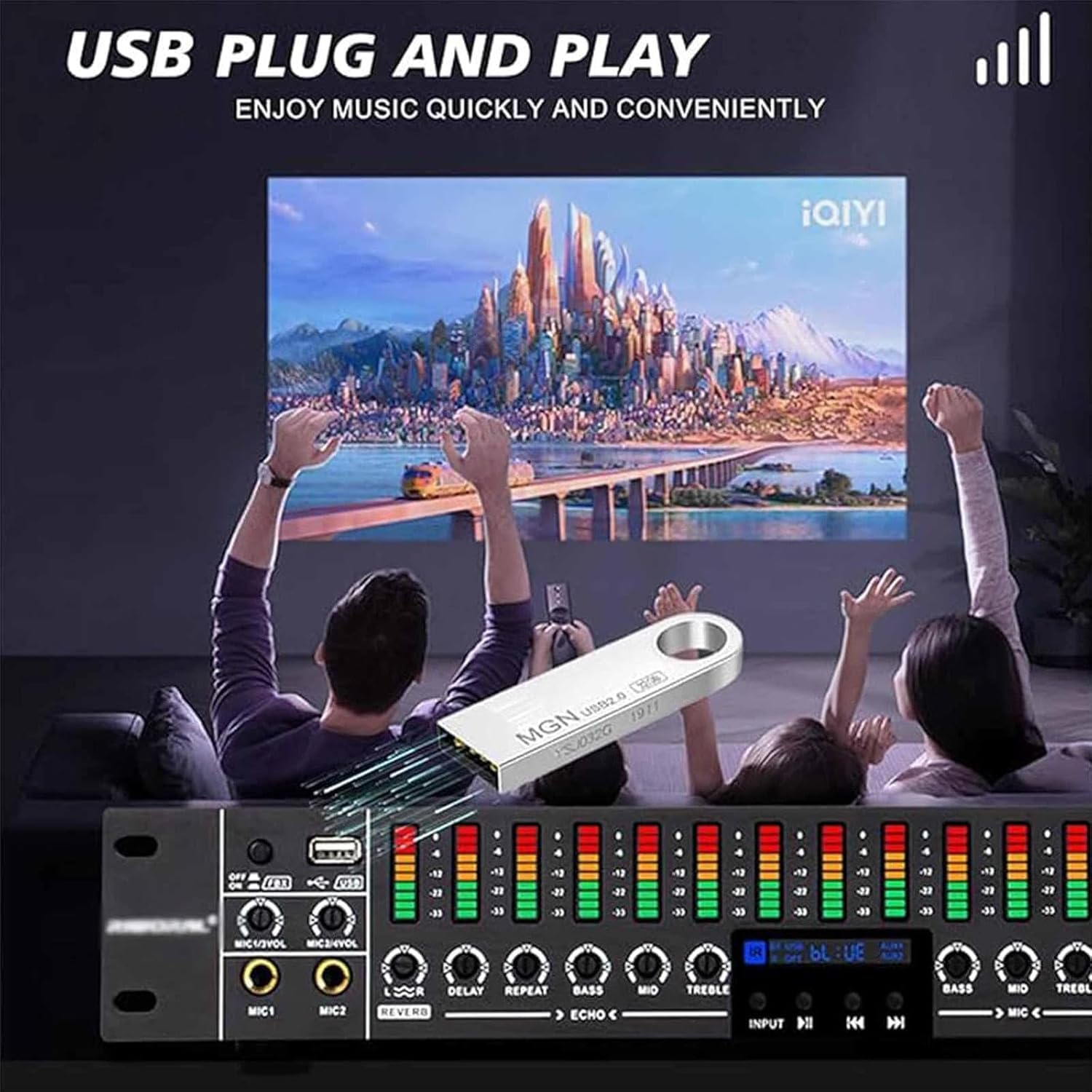 Ecualizador de audio digital, preamplificador profesional con interfaz de micrófono de 5 canales, antiaullidos con un solo clic, ajustes de micrófono/música/reverberación independientes para eventos