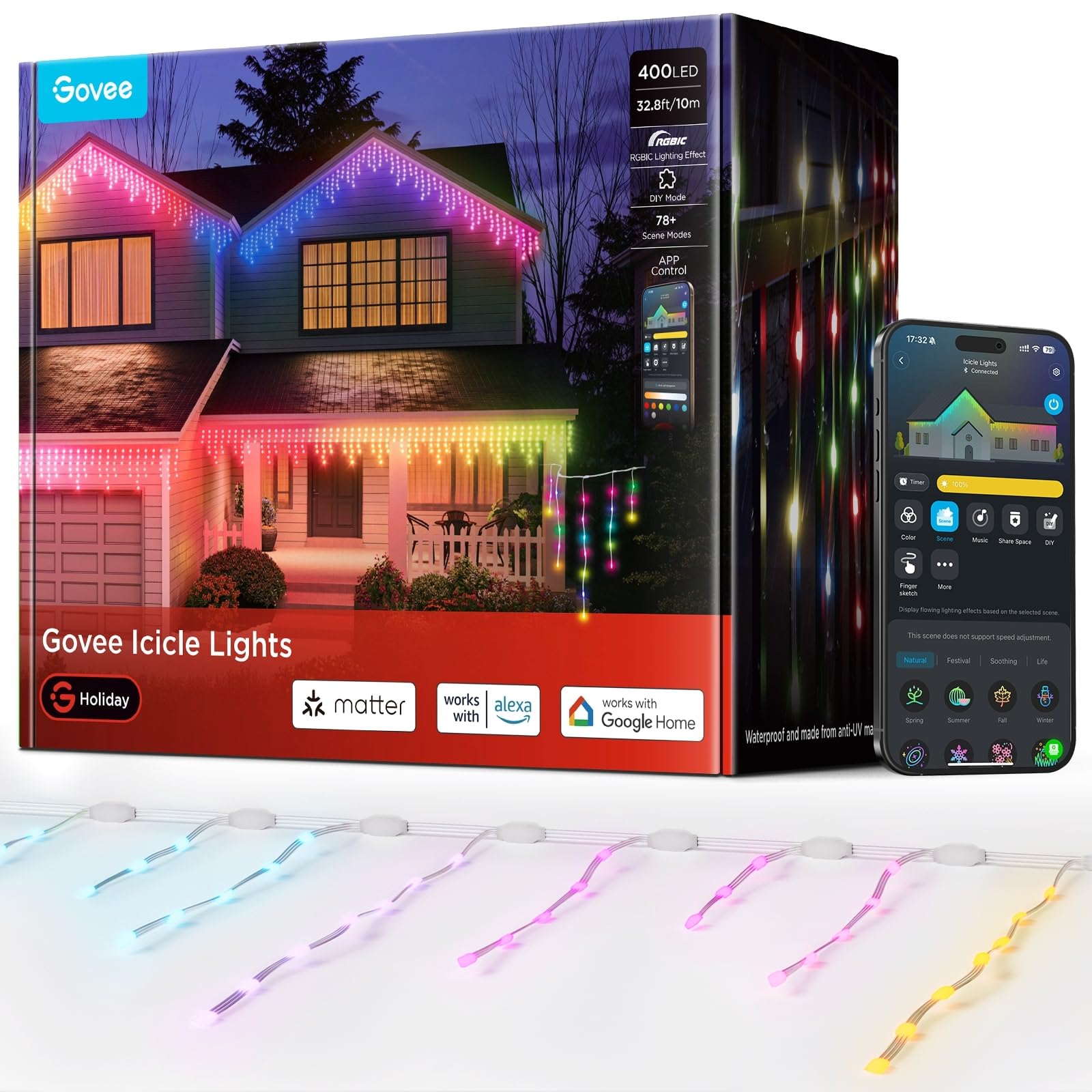 Govee Rgbic Icicle Lights 10M, Smart Led Icicle Lights With 400 Leds For Christmas Outdoor Holiday Decor, Ip67 Waterproof, Music Sync, App Voice Control, 78+ Scene Modes, Compatible With Alexa