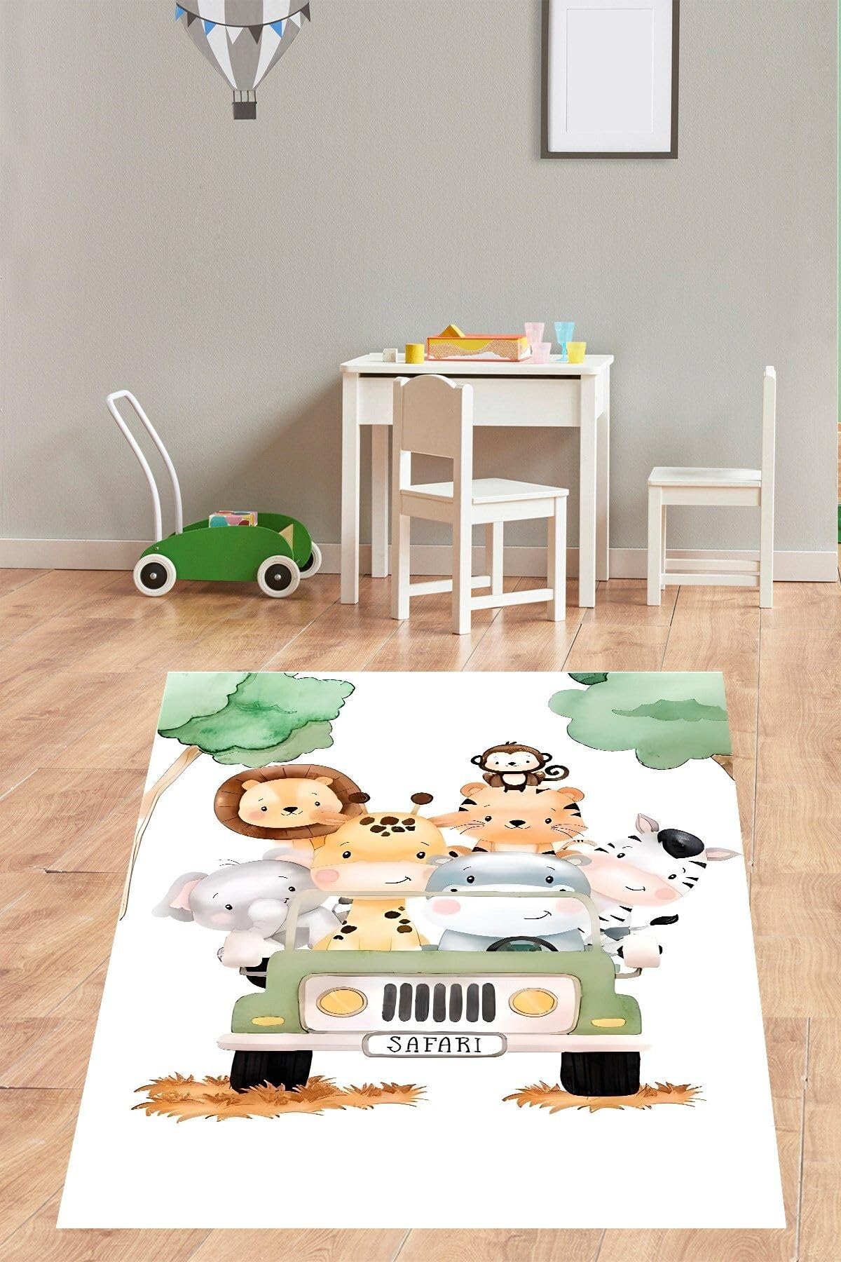 Pelangi Safari Hayvanlar Fil Aslan Zürafa Yıkanabilir Kaymaz Taban Leke Tutmaz Çocuk Odası Halısık, Yeşil-Beyaz-Gri 160 x 230, 76420041602301