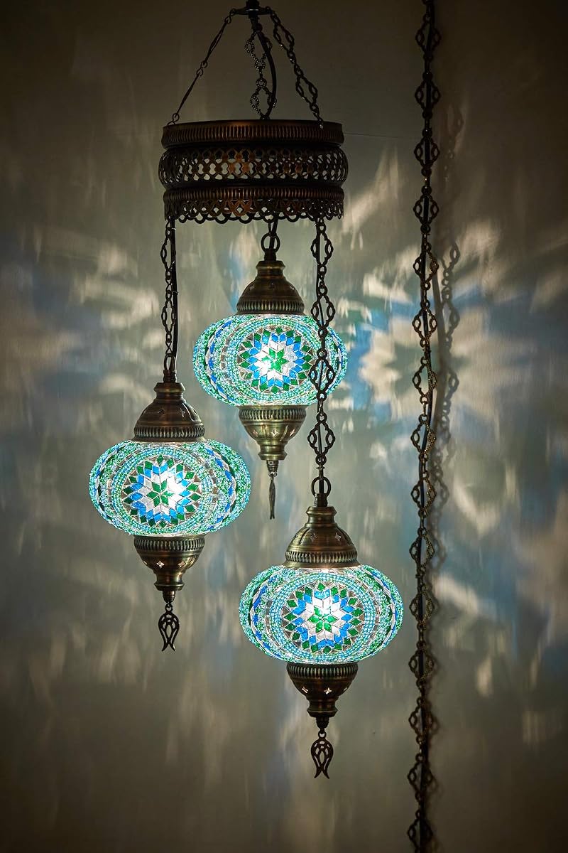 DEMMEX Lámpara colgante turca enchufable, lámpara colgante de mosaico marroquí hecha a mano con cable y cadena de 15 pies, lámpara de techo decorativa para sala de estar, dormitorio, 3 globos grandes de 7 pulgadas, 3.5 pies