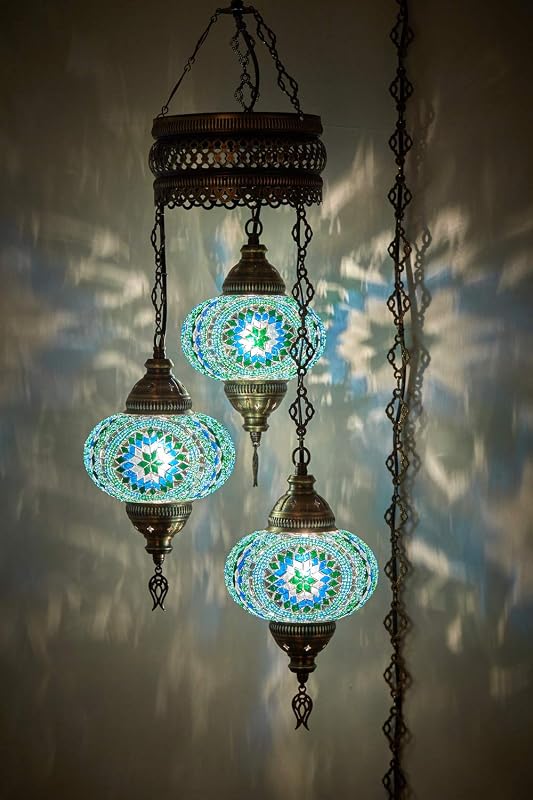 DEMMEX Lámpara colgante turca enchufable, lámpara colgante de mosaico marroquí hecha a mano con cable y cadena de 15 pies, lámpara de techo decorativa para sala de estar, dormitorio, 3 globos grandes de 7 pulgadas, 3.5 pies