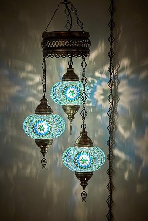 DEMMEX Plug-in Turkish Hanging Lamp, Handmade Moroccan Mosaic Chandelier Pendant Light Fixture with 15-ft Cord & Chain, Decorative Ceiling Lamp for Living Room, Bedroom, 3 Large 7 Globes, 3.5 ft.