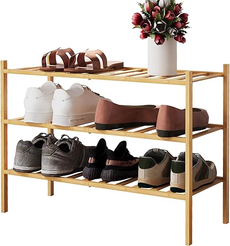 TRUELAND Zapatero de bambú de 3 niveles, organizador de zapatos apilable de alta calidad para entrada, sala de estar, armario, pasillo, baño,