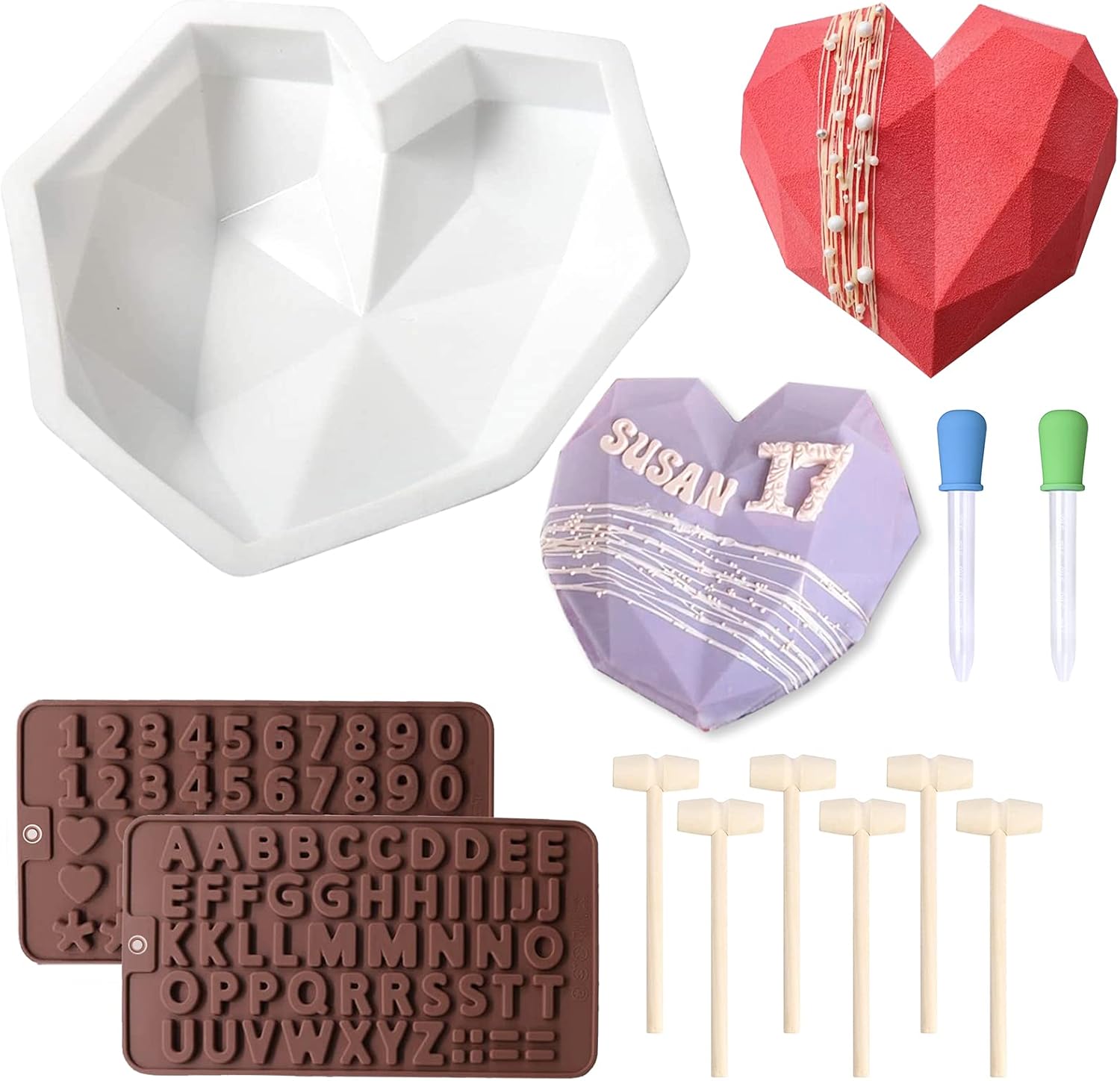 Heart Shaped Chocolate Mold Set Includes Round Cylinder Candy Mold,Cavities Heart Mold,Piping bag,Wood Hammer,Chocolate Bomb Mold,Diamond Mousse Cake Mold Tray