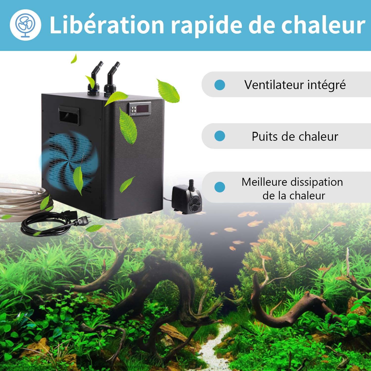 160L Refroidisseur d'eau pour Aquarium 74W, système de Refroidissement pour Aquarium de Poissons, système de Refroidissement pour crevettes d'aquaculture, Tuyau et Anneau de Fixation Inclus.