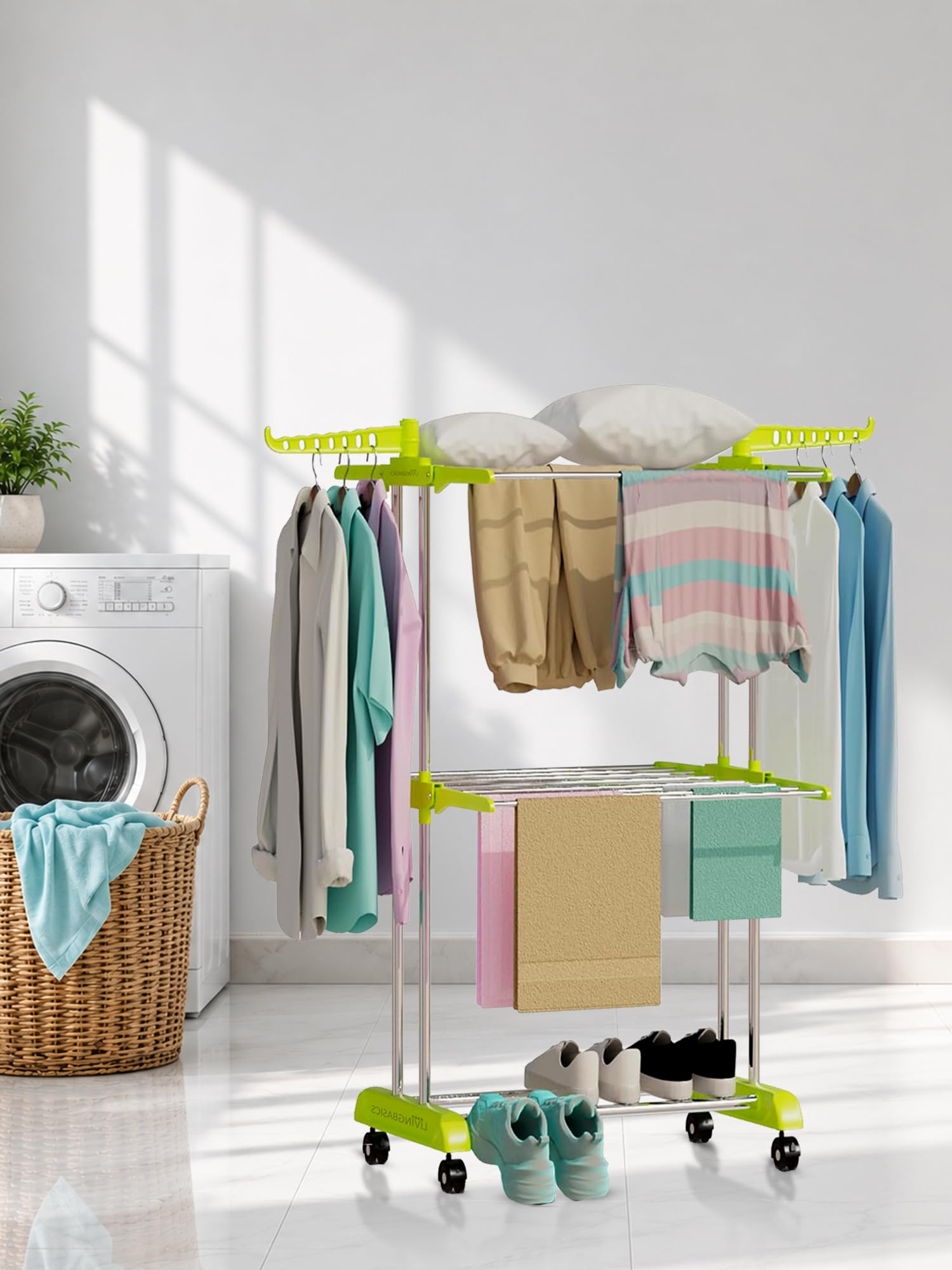 LIVINGBASICS 2 Layer Clothes Stand for Drying Foldable Rack, Lime Green