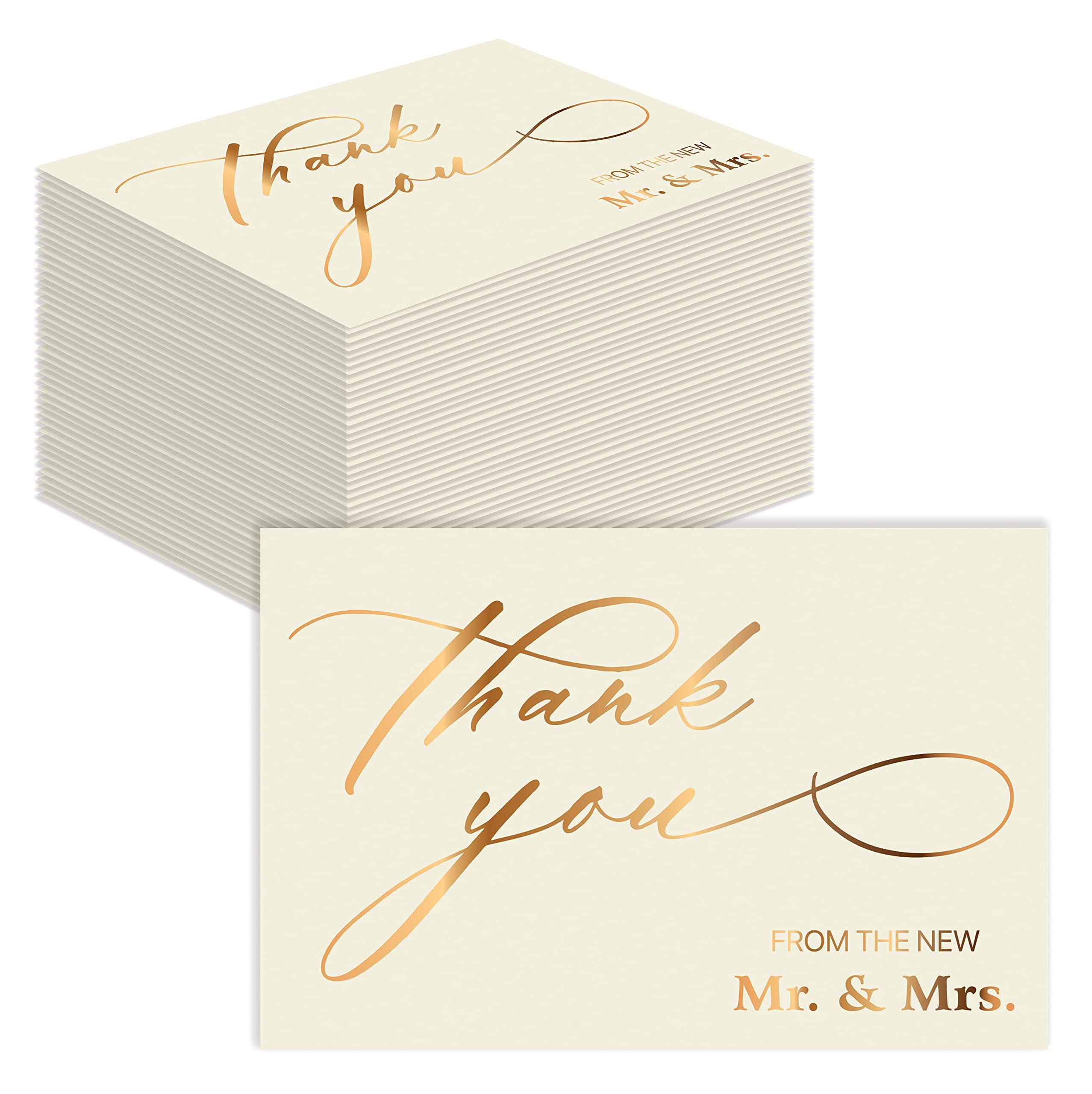 Better Office Products 50 Pack Wedding Thank You Cards in Metallic Gold with Envelopes, Thank You From The New Mr and Mrs, 4 x 6 Inch, Blank Cards, by, 50 Count Boxed Set