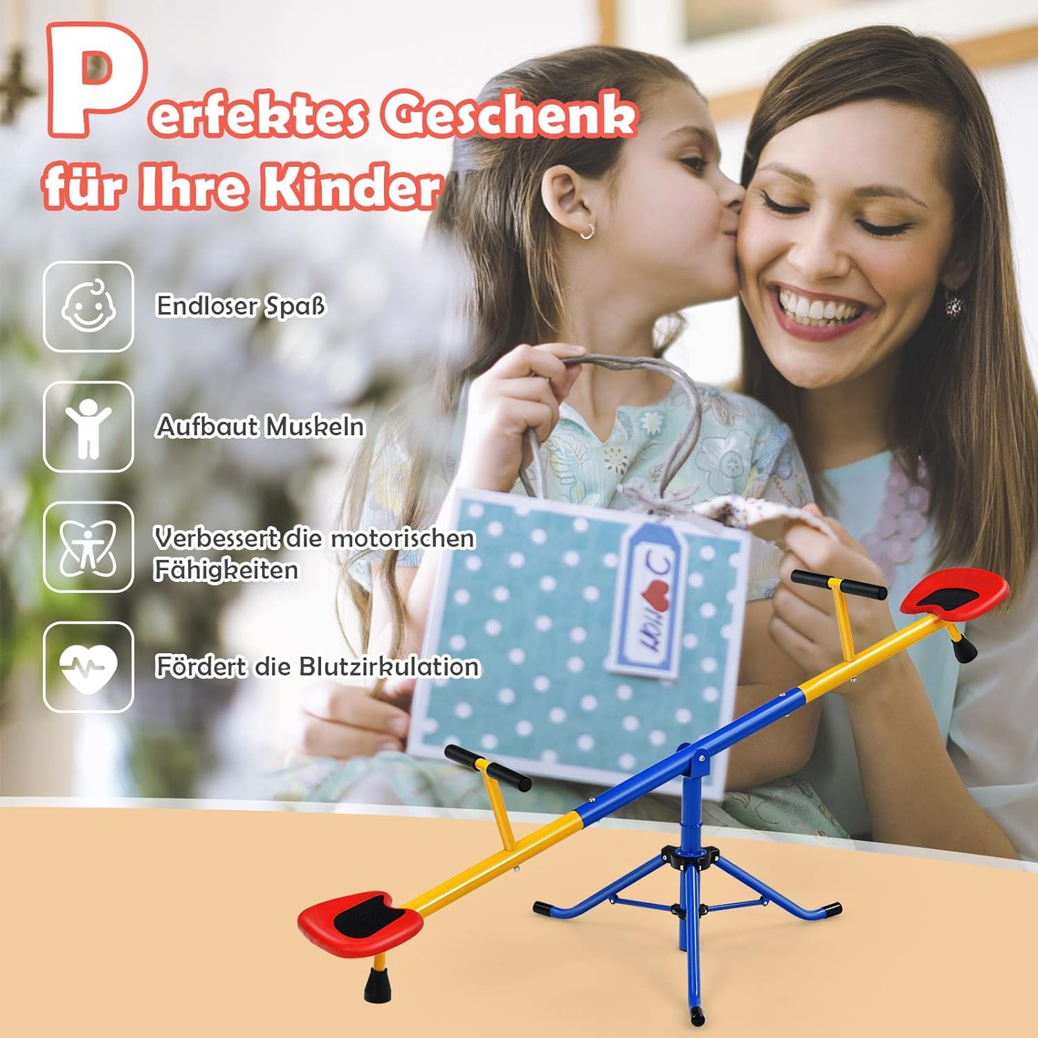 DREAMADE Wippe Kinder Outdoor 360° drehbar mit rutschfesten Griffen, Gartenwippe Schaukelwippe Karusselwippe für Drinnen und Draußen, für Kinder von 3-8 Jahren