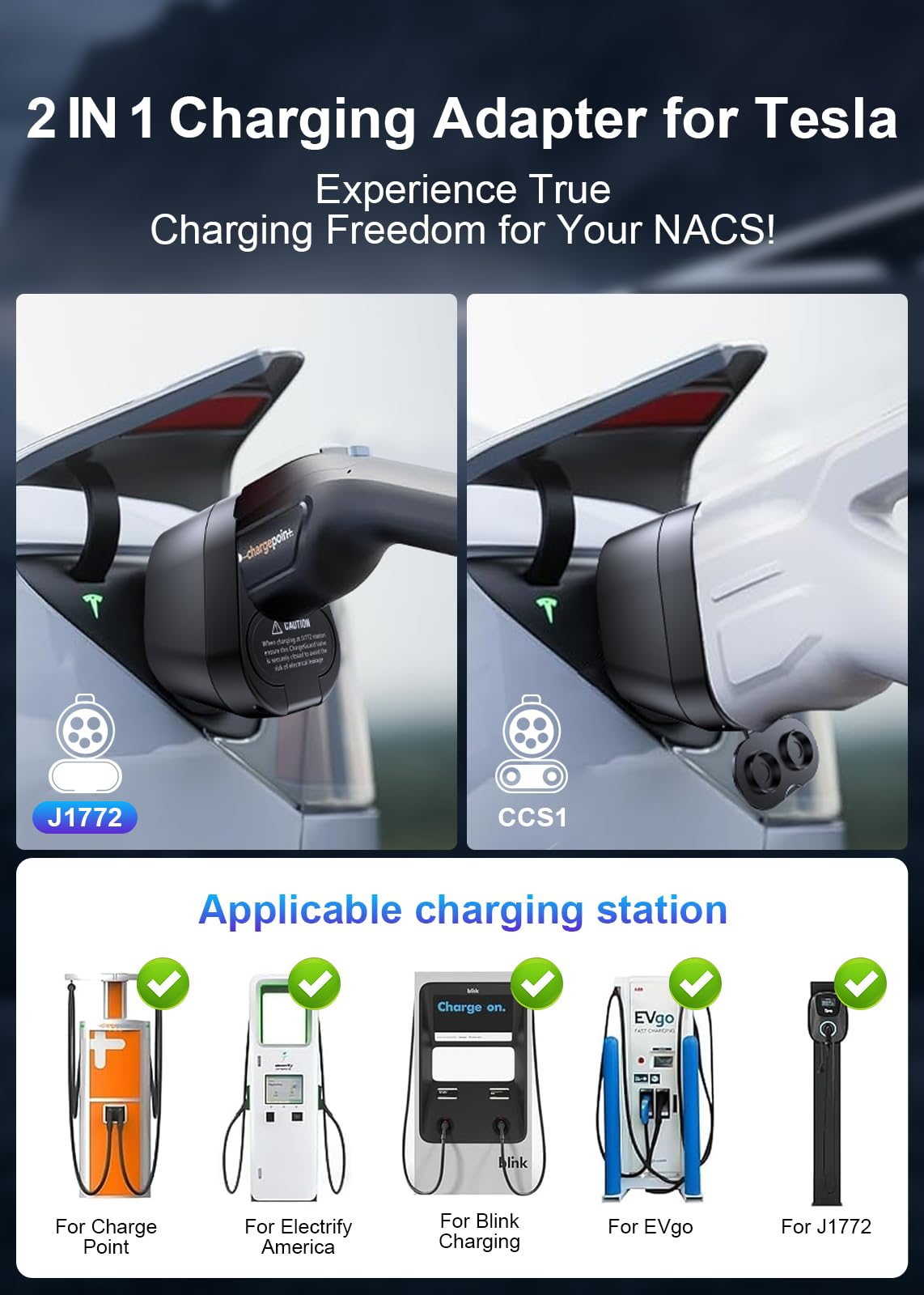 2025 Cybertruck ulepszony, 4 w 1 CCS i J1772 do NACS (TSL) adapter ładowania, pasuje do Tesla Model 3/Y/S/X/Cybertruck, maks. 250 kW DC szybkie ładowanie, do stacji ładowania poziomu 1 2 3 z wtyczką