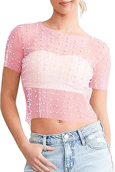 Cioatin Women Rhinestone Pearl Sheer Mesh Short Sleeve