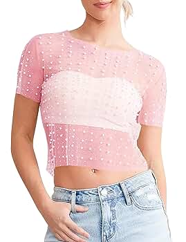 Cioatin Women Rhinestone Pearl Sheer Mesh Short Sleeve