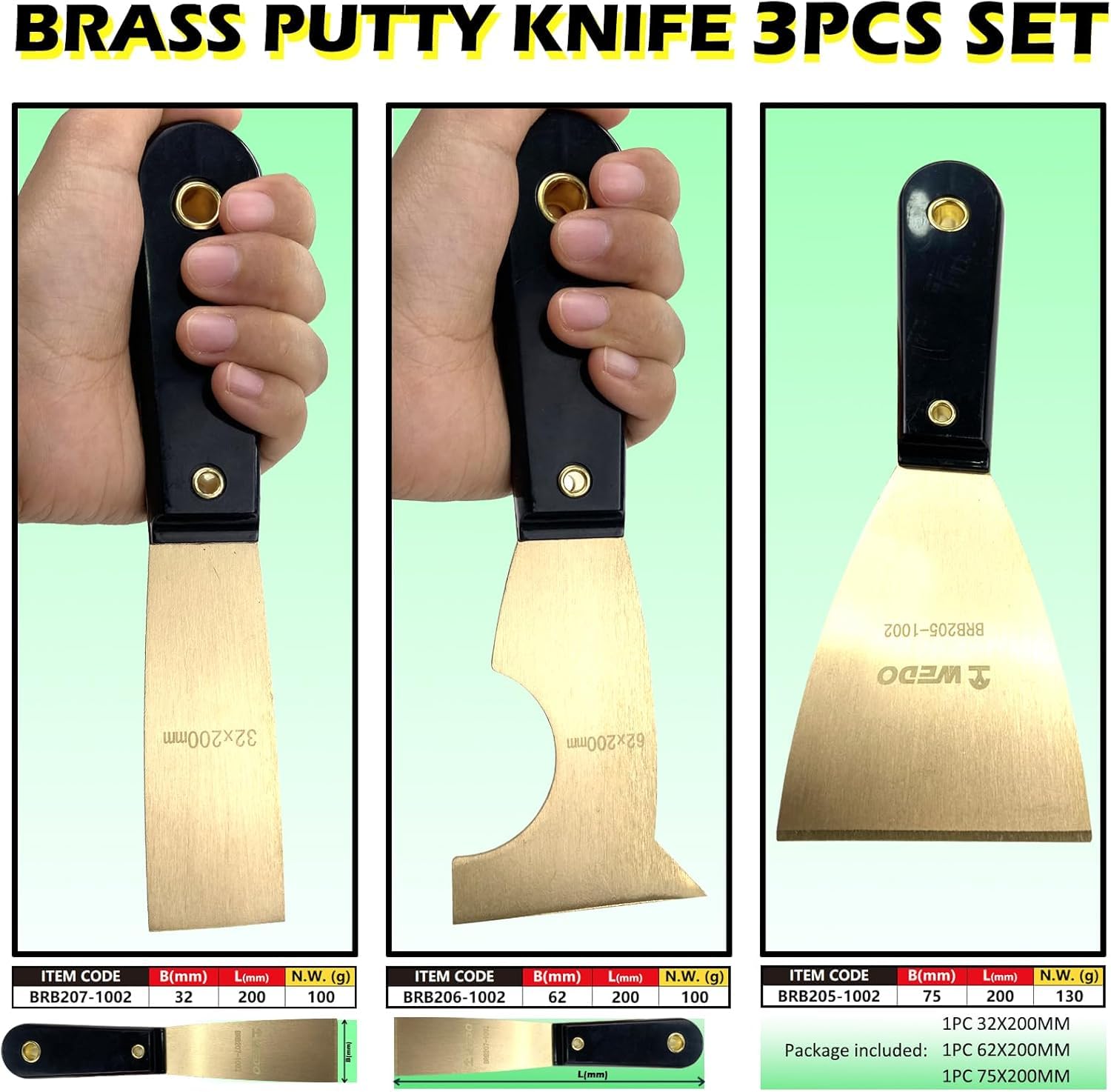 WEDO 3 Stücke Spachtel Set,Breite Klinge 75mm+Multifunktionsklinge 62mm+Schmale Klinge 32mm,mit Kunststoffgriff,Putty Messer Spachtel,Malerspachtel,für Tapeten & Wände,Länge 200mm