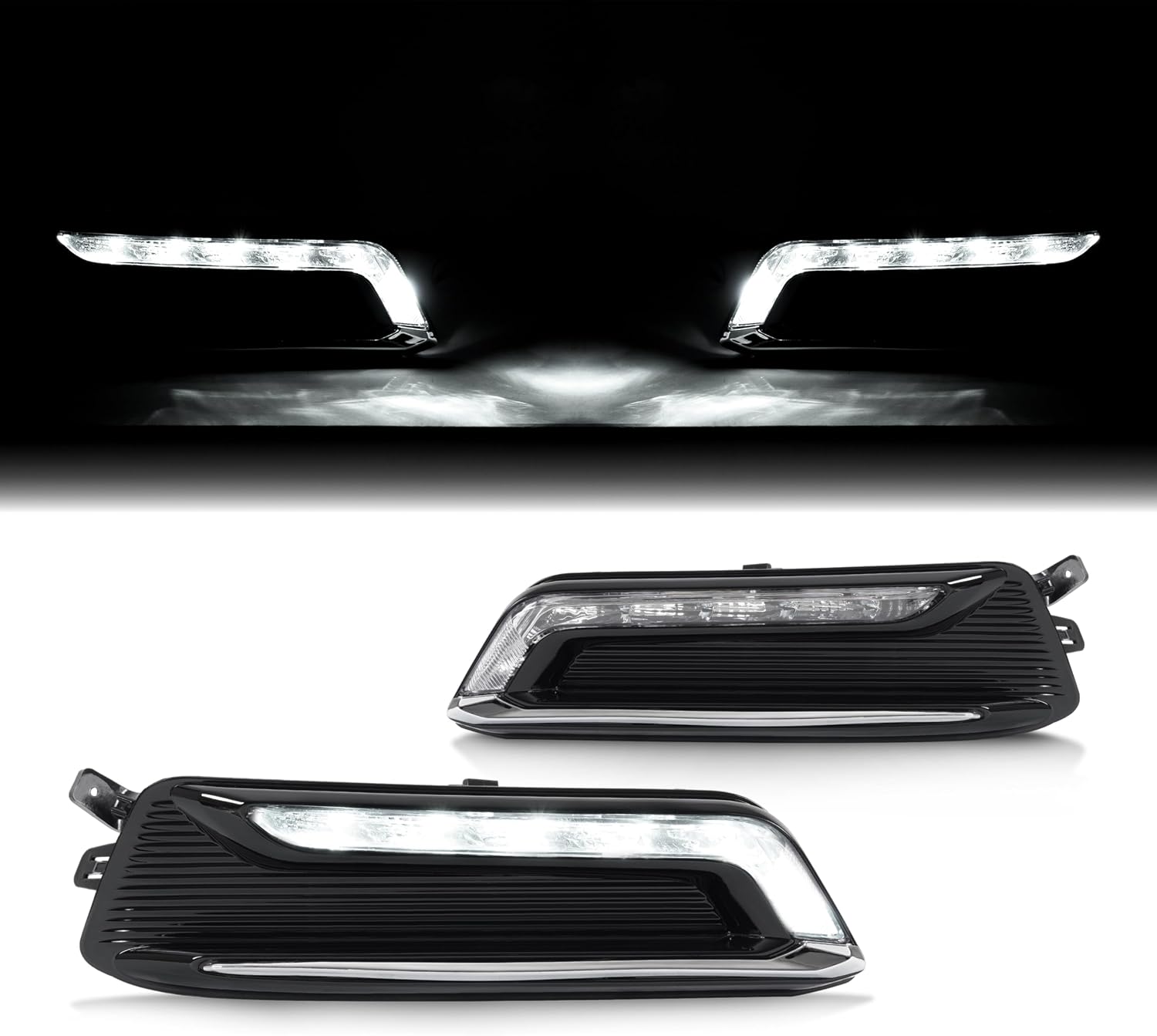Kojem Pair LED Fog Light Assembly Compatible with 2014-2020 Chevy Chevrolet Impala Replacement for GM2562102 GM2563102 LED DRL Driving Fog Lamp w/Bezel Wiring Kit & Switch Clear Lens Black Housing
