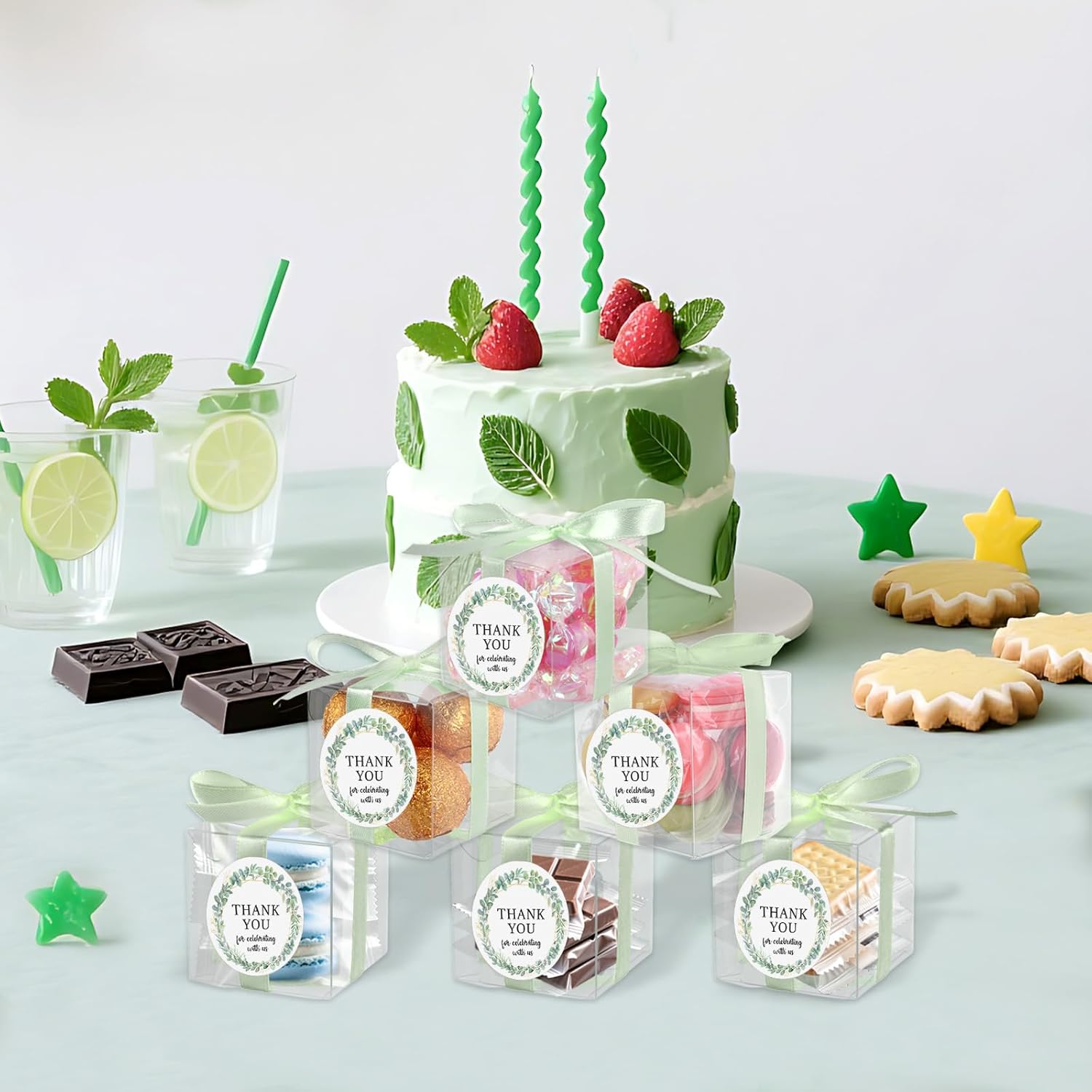 Diartpaint 50 Sets 2x2x2 Inches Greenery Clear Favor Boxes Clear Treat Boxes Goodie Macaron Candy Box for Return Gift with Sticker Ribbon Green Leave Birthday Baby Shower Party Decor